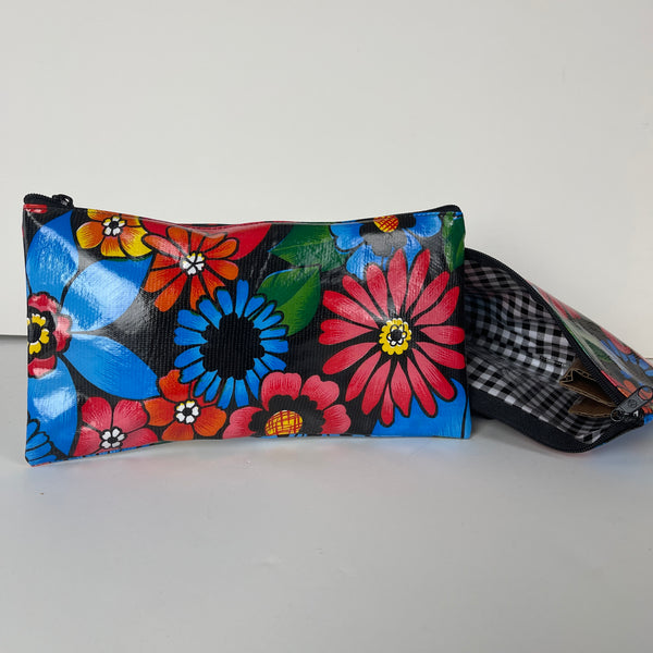 Oilcloth Zipper Bag - Flower Fields on Black
