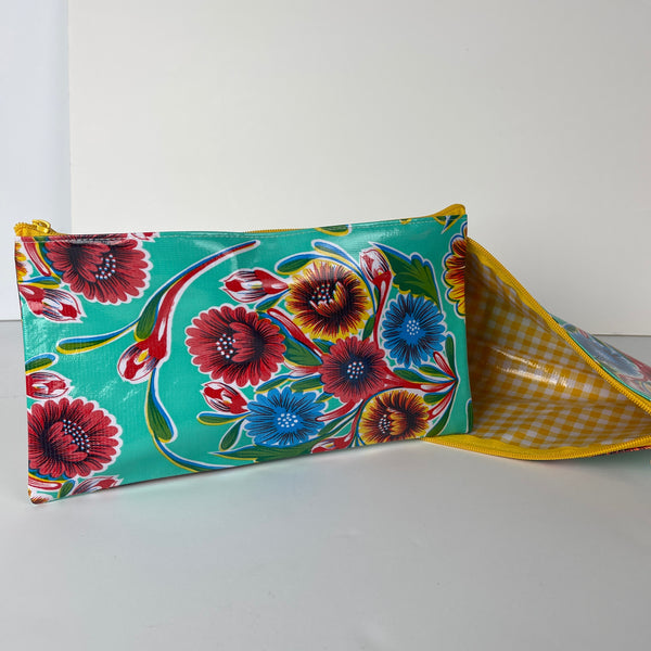 Oilcloth Zipper Bag - Floral Aqua with Yellow