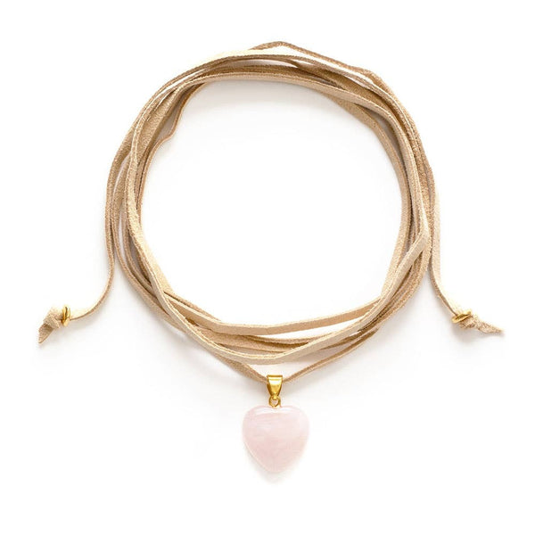 Rose Quartz Heart Choker - on Suede