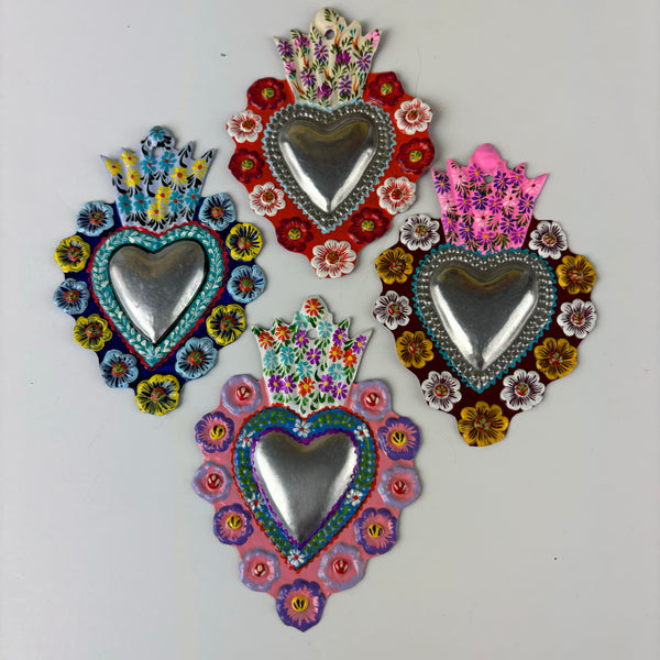 Silver Center Hand Painted Heart Milagros - Assorted