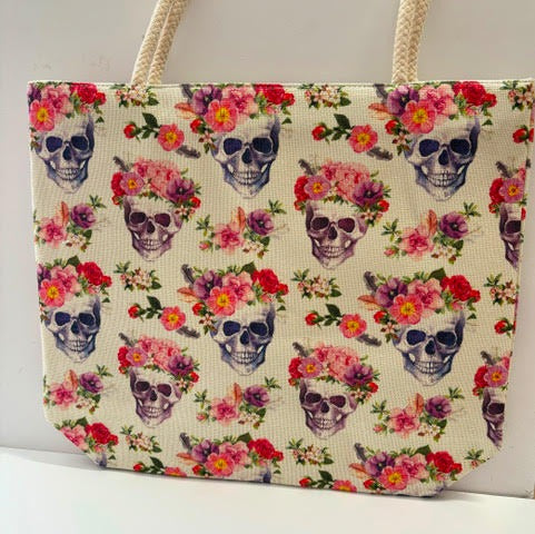 Skull With Roses Jute Tote Bag