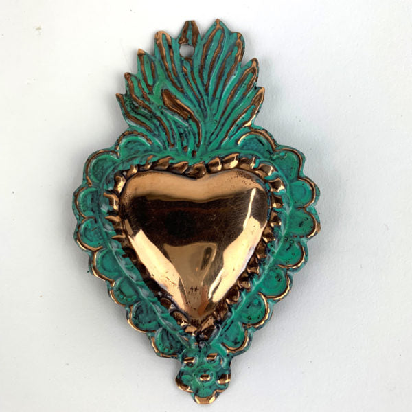 Copper Flaming Heart Milagro - 3 <sup>3/4 inch</sup>