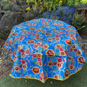 Round Oilcloth Tablecloth - Floral Blue - deep yellow trim