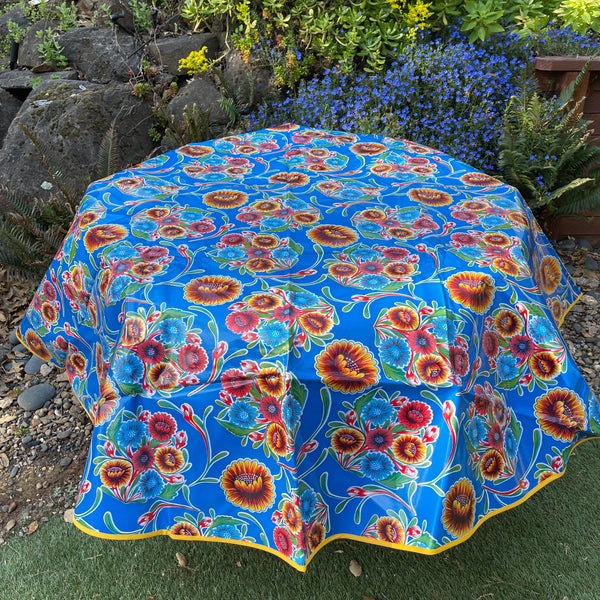 Round Oilcloth Tablecloth - Floral Blue - deep yellow trim