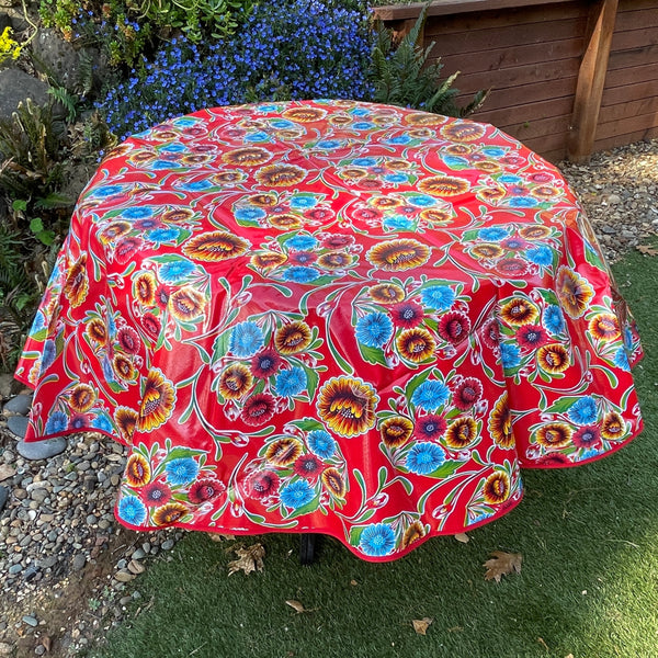 Round Oilcloth Tablecloth - Floral Red - Red trim