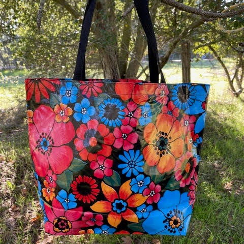 TOTE Oilcloth Market Bag – Flower Fields on Black