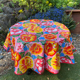 Round Oilcloth Tablecloth - Frida Rosa Mexicana