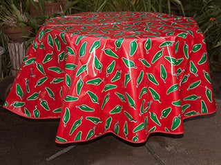 Round Oilcloth Tablecloth – Green Chile Peppers on Red