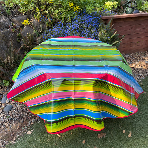 Round Oilcloth Tablecloth - Saltillo w/ Red Stripe - Red Trim