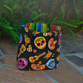 TOTE Reversible Oilcloth Market Bag - Sugar Skull Black/Serape Stripe