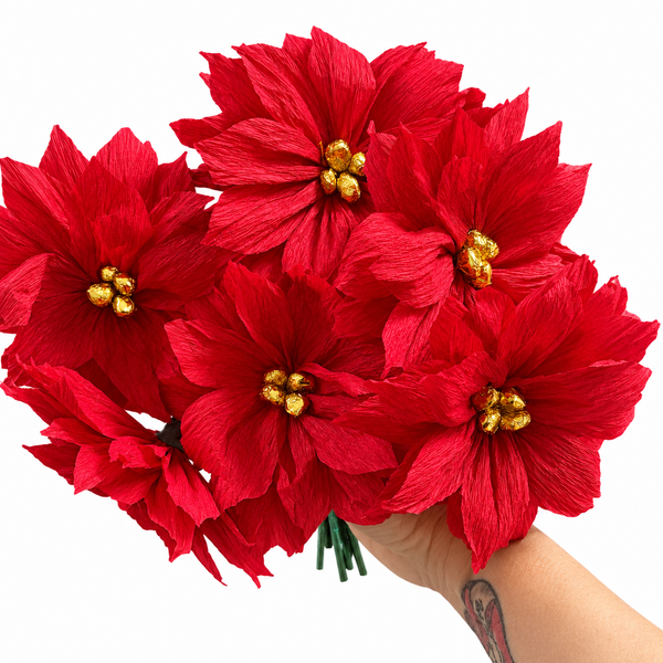 Poinsettia Paper Flowers w/ Gold Center - bouquet of 6