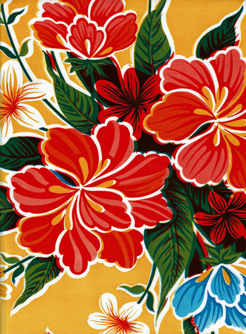 Mexican Oilcloth - Hibiscus on Yellow