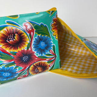 Oilcloth Zipper Bag - Floral Aqua with Yellow