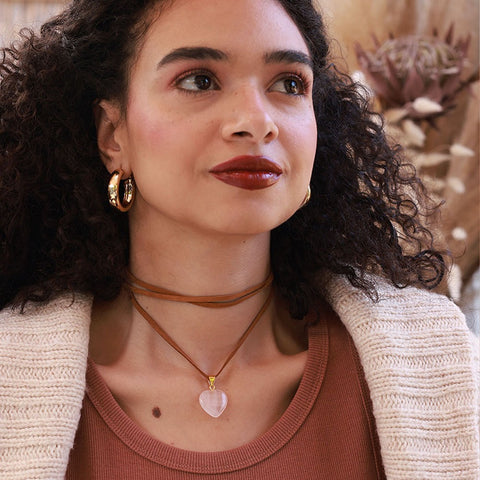 Rose Quartz Heart Choker - on Suede - 0