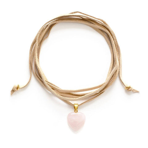 Rose Quartz Heart Choker - on Suede