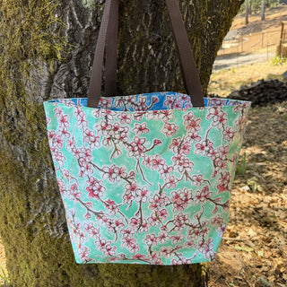 TOTE Reversible Oilcloth Market Bag - Aqua Cherry Blossoms W/ Blue Cherry Blossoms