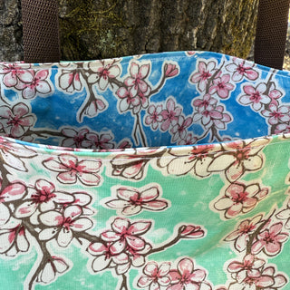 TOTE Reversible Oilcloth Market Bag - Aqua Cherry Blossoms W/ Blue Cherry Blossoms