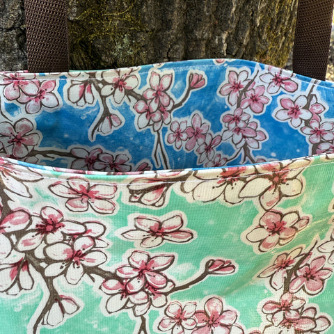 TOTE Reversible Oilcloth Market Bag - Aqua Cherry Blossoms W/ Blue Cherry Blossoms - 0