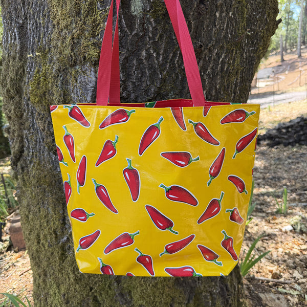 TOTE Reversible Oilcloth Market Bag - Yellow Chile Peppers w/Red Chili Peppers - 1