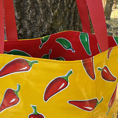 TOTE Reversible Oilcloth Market Bag - Yellow Chile Peppers w/Red Chili Peppers - 0