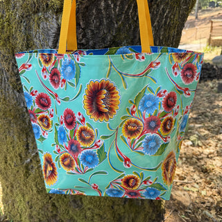 TOTE Reversible Oilcloth Market Bag - Floral Aqua/Floral Dark Blue