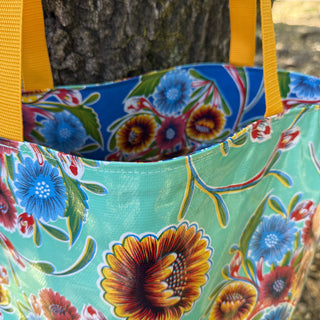 TOTE Reversible Oilcloth Market Bag - Floral Aqua/Floral Dark Blue