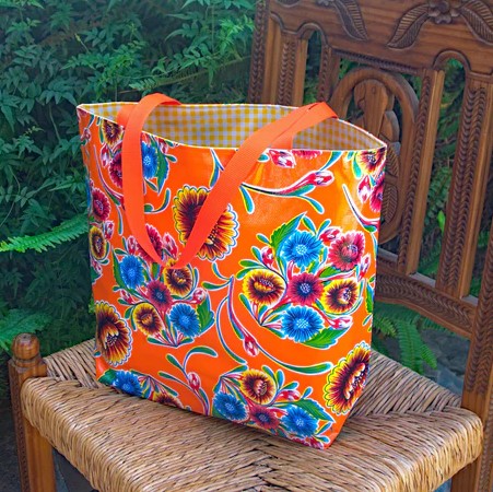 Oilcloth Tote - Floral Orange-With Yellow Gingham