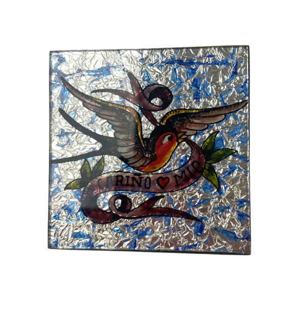 Reverse Painted Glass Plaque - Tattoo Birds - 4 pk