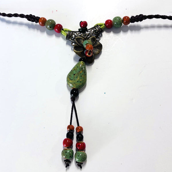 Necklace - with Green and Coral Stones