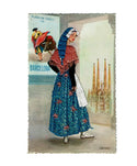 Post card - Silk Embroidered - Lady with Blue Skirt, Pink Shawl, Blue Head dress