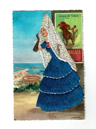 Post card - Silk Embroidered - Lady with Blue Dress - White Veil