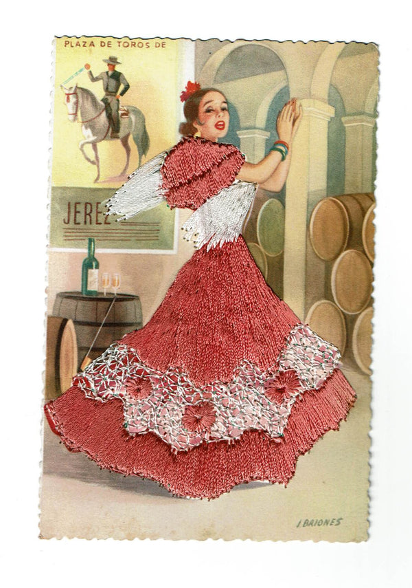 Post card - Silk Embroidered - Lady with Pink Dress