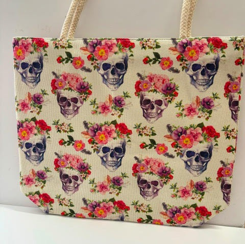 Skull With Roses Jute Tote Bag