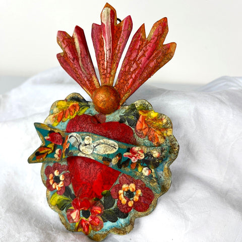Tin Flaming Heart W/Sash - 0