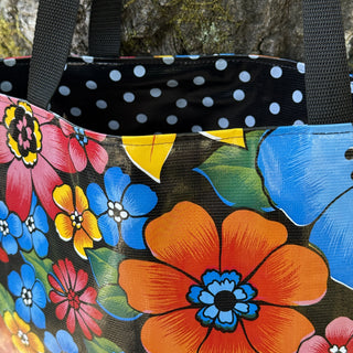 TOTE  Oilcloth Market Bag - Flower Fields on Blue W/ Black Polka Dot
