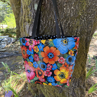 TOTE  Oilcloth Market Bag - Flower Fields on Blue W/ Black Polka Dot