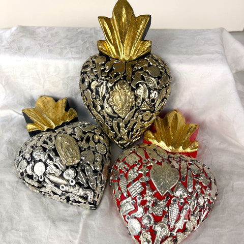 Wood Heart - Encrusted with milagros - Large - 0
