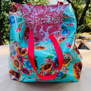 TOTE Reversible Oilcloth Market Bag - Floral Aqua/Paradise Red