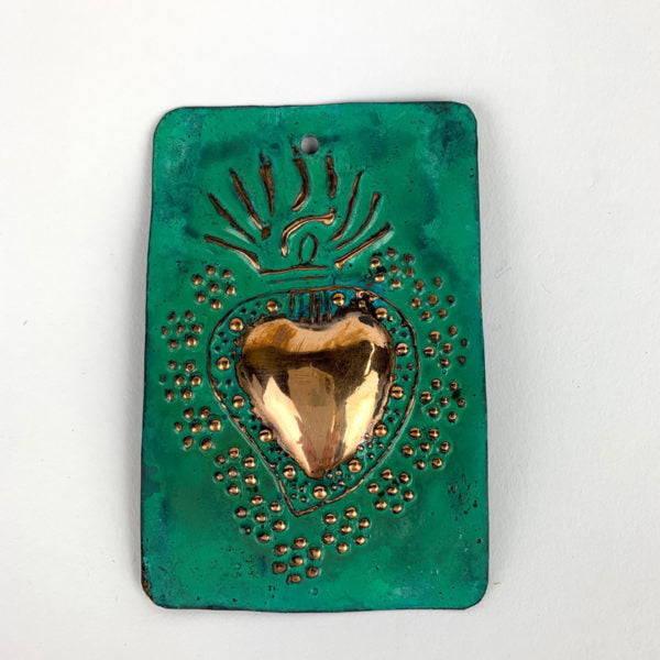 Copper Flaming Heart Milagro Plaque