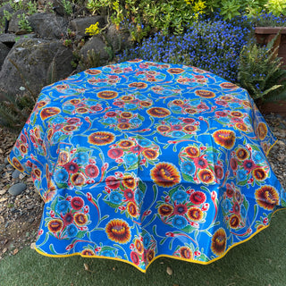 Round Oilcloth Tablecloth - Floral Blue - deep yellow trim