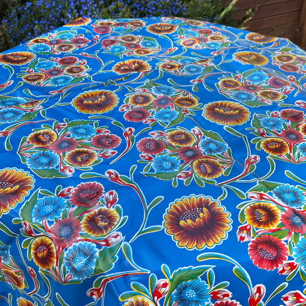 Round Oilcloth Tablecloth - Floral Blue - deep yellow trim
