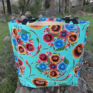 Mexican Oilcloth Market Bag – Floral on Aqua