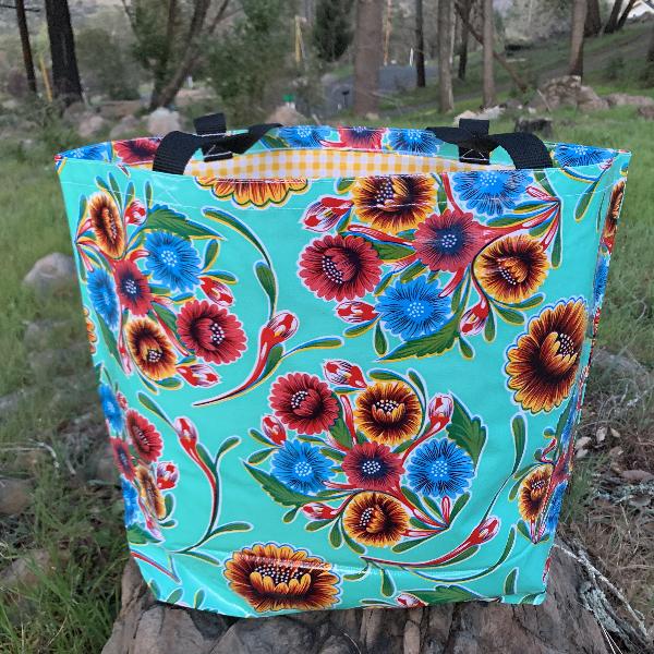 Mexican Oilcloth Market Bag – Floral on Aqua
