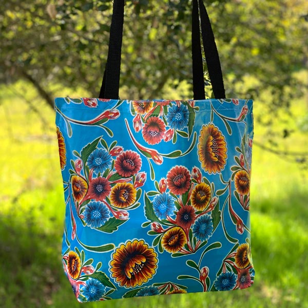 Mexican Oilcloth Market Bag – Floral on Blue