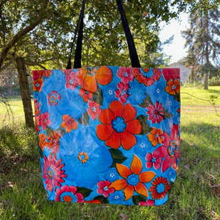 TOTE Oilcloth Market Bag –  Flower Fields on Blue