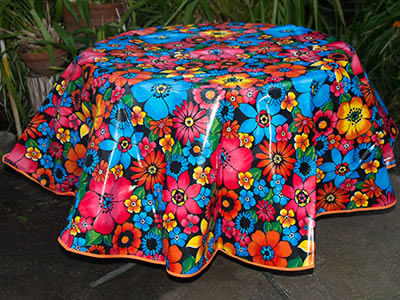 Round Oilcloth Tablecloth – Flower Fields on Black