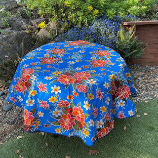 Round Oilcloth Tablecloth - Hibiscus Blue