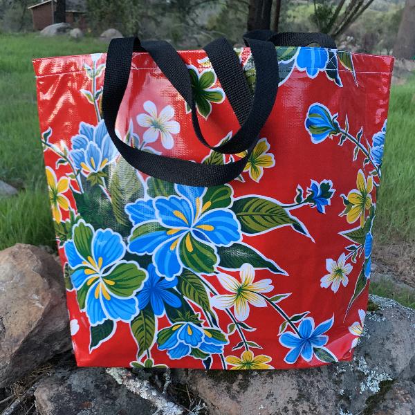 Mexican Oilcloth Market Bag – Hibiscus on Red