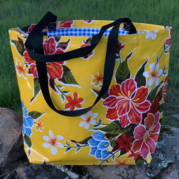 Mexican Oilcloth Market Bag – Hibiscus on Yellow