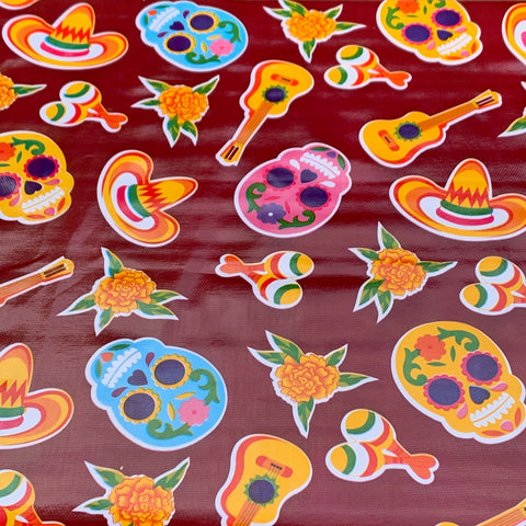Mexican Oilcloth - Sugar Skull on Wine